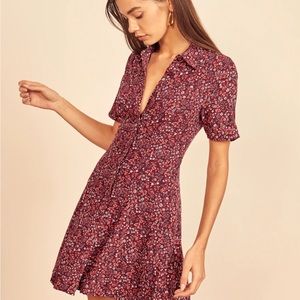 Reformation Johanne Ditsy Floral Mini Button Down Short Sleeve Red Dress, Medium